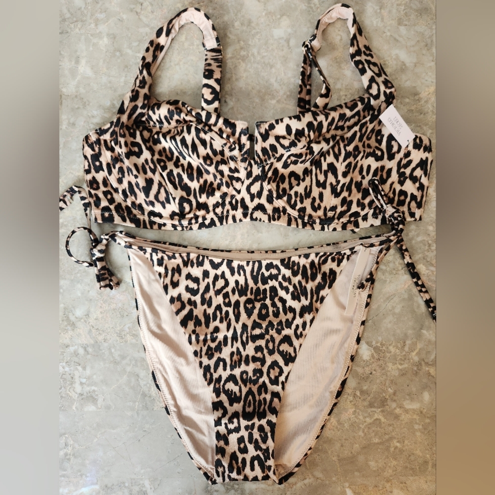 44D/XXL VS Swim Full Coverage Bikini Top Side Tie Cheeky Bikini Set Leopard